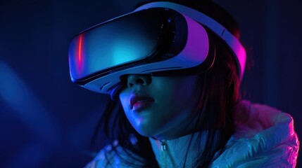 Asian woman with VR headset in futuristic neon light exploring digital world