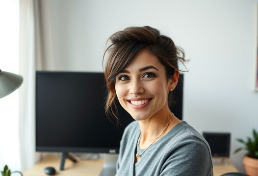 Photorealistic portrait of a female graphic designer in her home office - Powered by Adobe