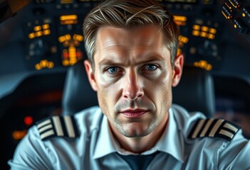 Serious male airline pilot in a cockpit