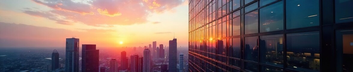 Fototapeta premium Modern Glass Office Building Reflecting Cityscape at Sunset, Sleek Architectural Design, Downtown Urban Landscape, Perfect for Corporate Real Estate