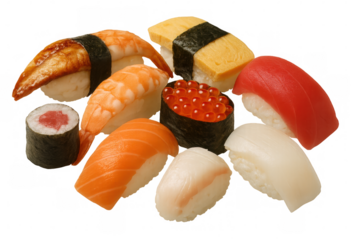 Assorted sushi types with salmon, tuna, shrimp, eel, caviar, and tamago resting on clean transparent surface