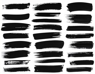 Black Ink Grunge Brush Stroke Overlay Set on Transparent Background