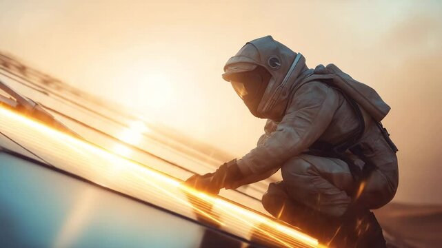 Astronaut in W&uuml;stenszenerie mit Solarpanels bei Sonnenuntergang. K&uuml;nstliche Intelligenz KI