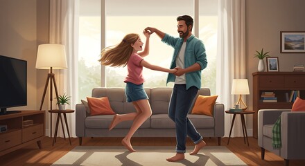 Obraz premium A father and daughter are dancing in their living room with a large window in the background smiling happily