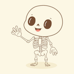 Cartoon Skeleton Character Waving Hand with Happy Expression on Beige Background