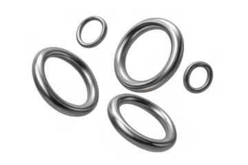 Multiple silver rings of different sizes floating against a transparent background, creating a modern and abstract composition