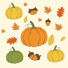 Colorful Cartoon Pumpkins, Acorns, and Fall Leaves Against a Pale Beige Background, Digital Art