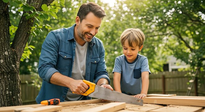 A father and son are working together on a woodworking project in the backyard on a sunny day