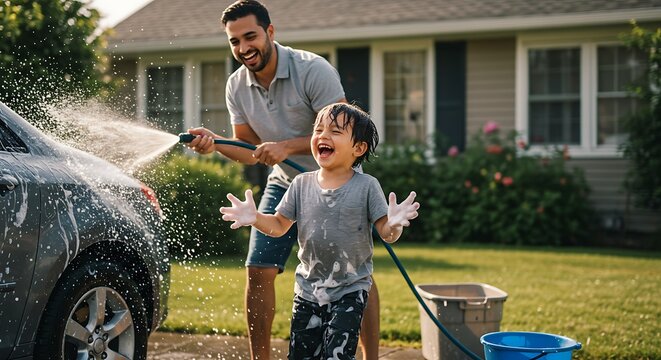 A father and son washing a car together with a hose in front of a house on a sunny day outside home