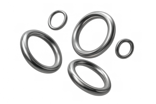 Multiple silver rings of different sizes floating against a transparent background, creating a modern and abstract composition