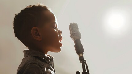 little curly african american boy singing on music studio by microphone. musician lessons. kid voice. child singing