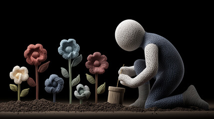 Textured 3D character planting stylized flowers in dark soil. Symbolic illustration of care, growth, creativity, and emotional depth.