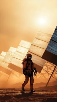 Einsamer Raumfahrer &uuml;berpr&uuml;ft Solaranlage unter sengender Sonne. K&uuml;nstliche Intelligenz KI