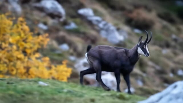 Majestic Chamois traversing a hillside meadow with vibrant autumn foliage backdrop