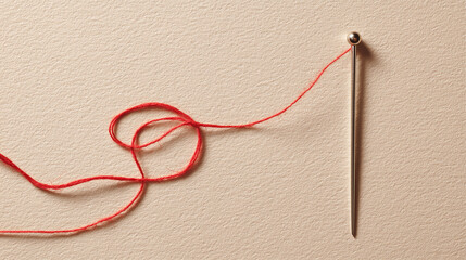 Vertical metallic needle with red thread on textured beige surface, creating a clean and symbolic composition.