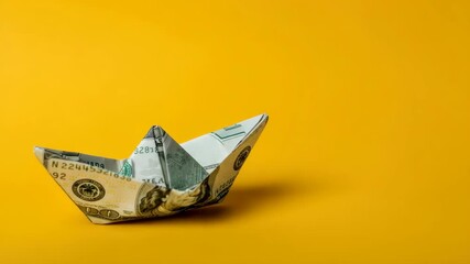 Origami boat made from US dollar bill on yellow background