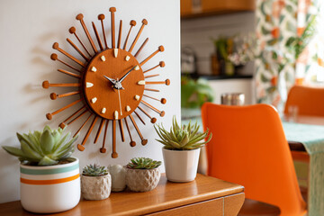 Modern wall clock complements vibrant indoor plants in a stylish living space