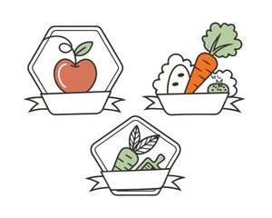 Three Cute Hand Drawn Vegetable and Fruit Badges