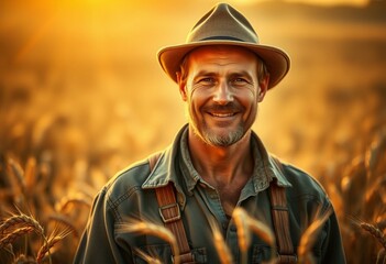 Obraz premium Male farmer in golden wheat field during soft sunrise