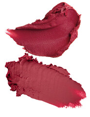 Bright pink lipstick smear with curved texture on white background
