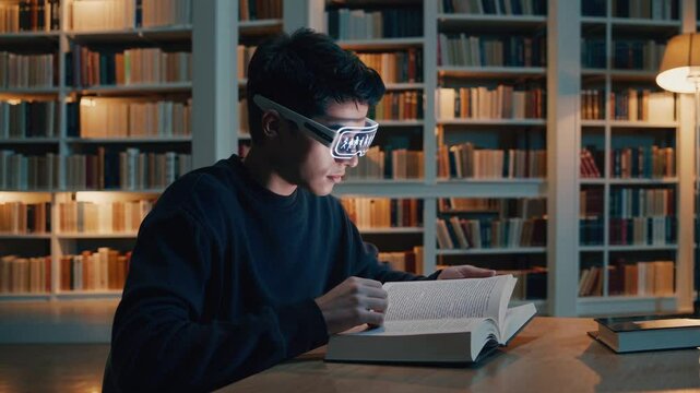Young student studying in a library while wearing futuristic glasses for better reading and focus during late-night study session