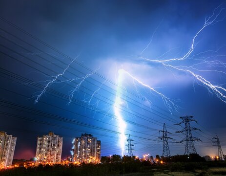 powerful lightning storm over city power lines at night