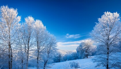 a blue sky with white snow and trees