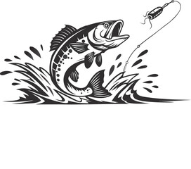 Striking Black and White Illustration of a Largemouth Bass Striking a Lure