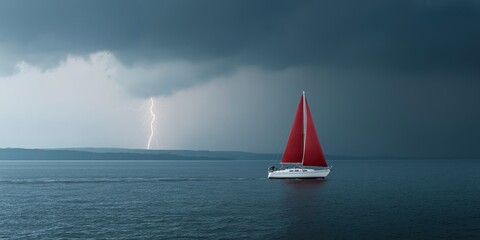 Sailboat with red sails navigating stormy seas under lightning sky