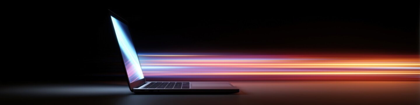 Open laptop with speeding light trails symbolizing fast technology and innovation