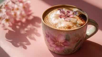 editorial close up photo of homemade artisan roast black coffee latte milk art in ceramic mug flower details on cafe coffee shop table natural sunlight with pink red contrast shadows pastel vibrant
