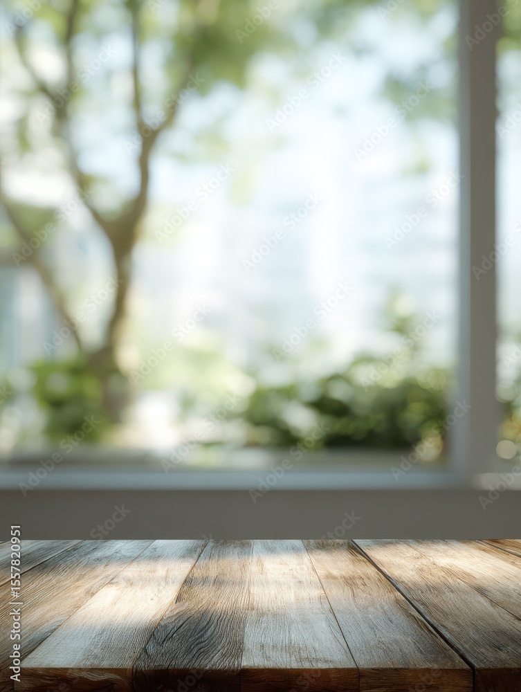 Poster a table background with open space and a softly blurred window.