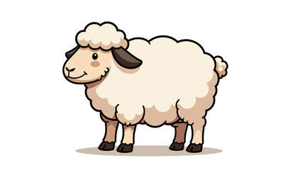Illustration of a smiling cartoon sheep standing on a light background in a cute and fluffy style, copy space
