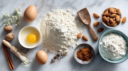 Fototapeta premium An array of baking ingredients neatly arranged on a marble countertop, including flour, eggs, almonds, and spices, ready for a baking project..