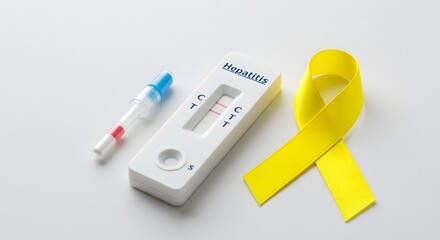 World Hepatitis Day July 28 – Hepatitis Test Kit and Yellow Awareness Ribbon Symbolizing Prevention, Early Detection, and Global Health Education