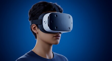 A young person wearing a virtual reality headset against a blue gradient background, exploring immersive technology.
