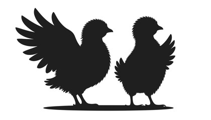 Silhouette illustration of two chickens with spread wings in a minimalistic style on a white background, copy space
