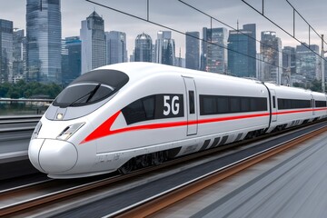 Naklejka premium Modern high speed 5g train moving through urban metropolis