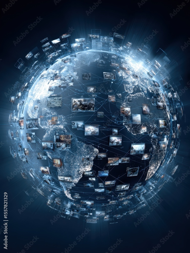 Poster abstract digital globe with global network connections and images of media content floating around i