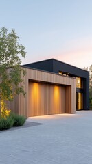 Ultra-Modern Vertical Wood Garage Door Integrated into Minimalist Black Facade with Concrete Driveway