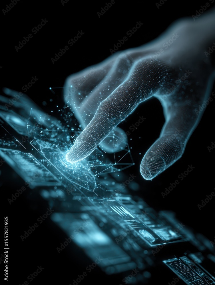 Aufkleber ai generated image of a human hand interacting with a glowing digital touchscreen displaying futuris