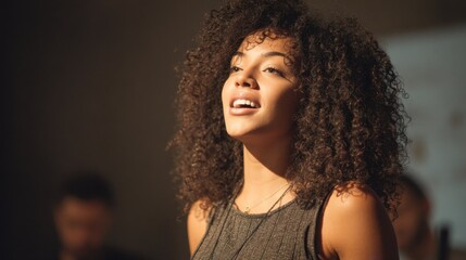 Young African American woman engaged in a first-time public speaking event, filled with genuine emotion and feelings