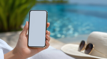 Smartphone on Poolside Lounger with Blank Screen in Summer Sunlight
