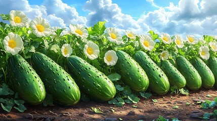 Fresh cucumbers growing in field with flowers
