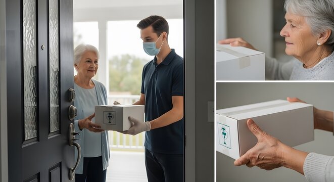 Safe and Caring Delivery A masked delivery person providing a package to an elderly woman at her home. Depicting convenience, responsibility and care during unprecedented times. - Powered by Adobe