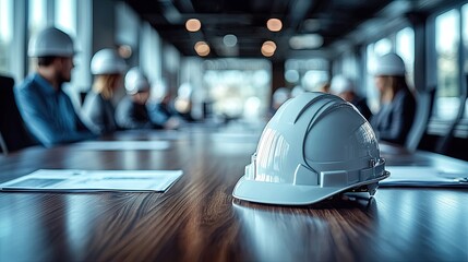 Safety helmet on a conference table with colleagues in the background.