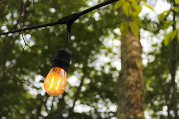 a single, illuminated Edison-style bulb, part of an outdoor string light setup, hanging against a...