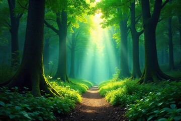 Obraz premium Sunlit Forest Path Beckoning Exploration Mysterious Woodland Adventure