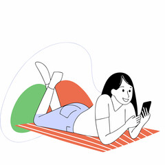 Illustration of a young woman lying on her stomach while looking at her smartphone