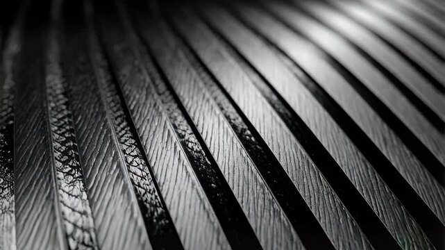 Close-up of dark corrugated material showing texture and a pattern of light and shadows with linear lines